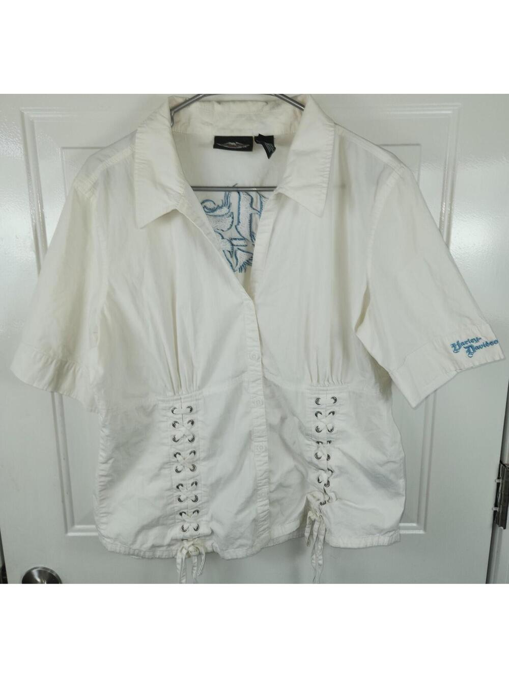 Harley-Davidson Women's Y2K White Short Sleeve Lace-Up Sides Embroidered Blouse